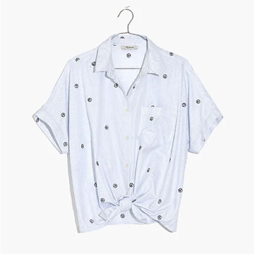 Madewell Embroidered Peace Sign Short-Sleeve Tie-Front Top